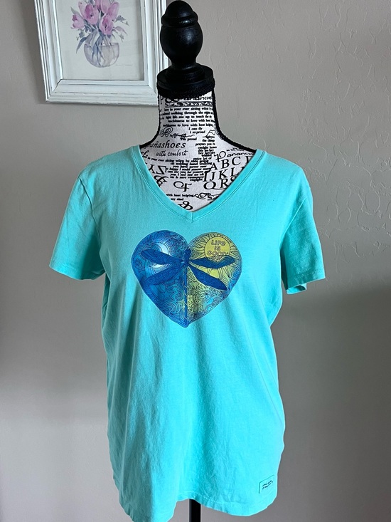 Life Is Good Tops - Aqua V-Neck Tee with Blue & Yellow Heart Graphic
